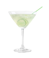 Glass of tasty martini with cucumber on white background