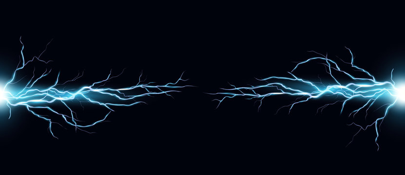 Vector illustration of electric discharge shocked effect on black background. Power electrical energy concept, lightning effects in realistic style.
