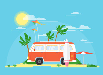 Vector illustration of surfing bus with a surfing board on palm beach. Tourism, summertime concept. Travel trailer in vintage pink color, summer coast in flat cartoon style.