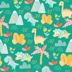 Obraz premium seamless pattern. drawing hands of cute dinosaurs, plants, flowers, nature. Prehistoric period. Vector illustration. For kids fabric, textile, wallpaper