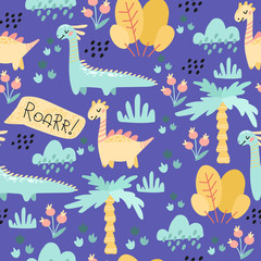 seamless pattern. drawing hands of cute dinosaurs, plants, flowers, nature. Prehistoric period. Vector illustration. Cute design for boys and girls