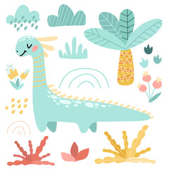 Naklejka premium Set of vector illustrations. Cute kids cartoon dinosaur. Prehistoric period. Ancient nature, plants, flowers.