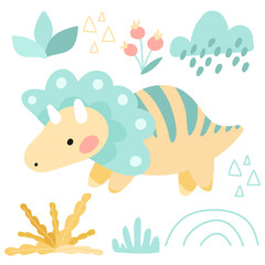 Set of vector illustrations. Cute kids cartoon dinosaur. Prehistoric period. Ancient nature, plants, flowers. simple scandinavian child design