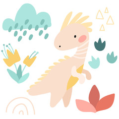 Set of vector illustrations. Cute kids cartoon dinosaur. Prehistoric period. Ancient nature, plants, flowers. simple scandinavian child design