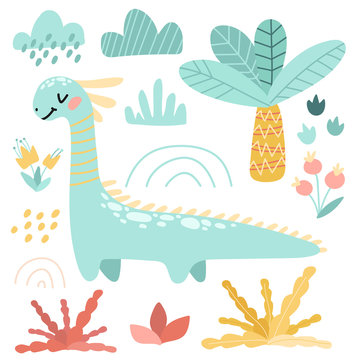 Set of vector illustrations. Cute kids cartoon dinosaur. Prehistoric period. Ancient nature, plants, flowers.