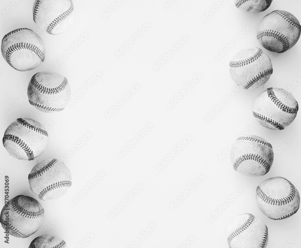 Wall mural Black and white baseballs on white background for frame, sports concept banner with copy space. - Wall murals