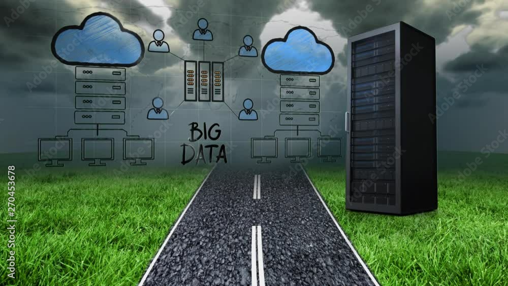 Poster road with grass on both side with server tower and big data