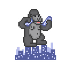 Giant ape destroying a city, old school 8 bit pixel art icon on white. Huge monster monkey ruining skyscrapers. Horror movie character, big gorilla. Retro 80s-90s slot machine/video game graphics