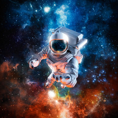 Fototapeta I offer you the stars / 3D illustration of science fiction scene with astronaut floating in outer space reaching with open hand towards viewer obraz