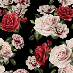 Seamless floral pattern with roses, watercolor