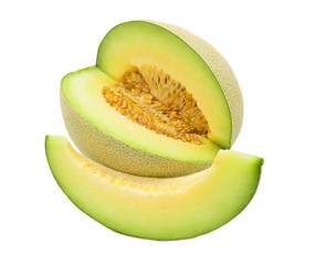 Fresh green round Melon slice with seed prepare to eat white background with clipping path