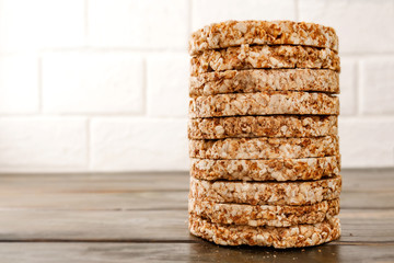 A stack of dietary round, airy, crisp buckwheat crispbread