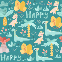 Seamless pattern. Prehistoric period. Cartoon Scandinavian vector illustration. For children's fabrics, wallpaper, textiles. Cute childish ornament with dinosaurs, plants, flowers, nature on a blue ba