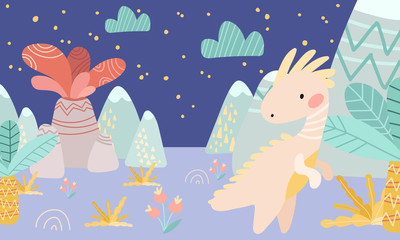 Greeting card. Prehistoric period. Cartoon Scandinavian vector illustration. For children's celebrations, parties. Cute childish night landscape with dinosaurs, mountains, palm trees, plants, flowers,