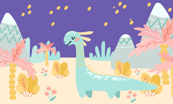 Greeting card. Prehistoric period. Cartoon Scandinavian vector illustration. For children's celebrations, parties. Cute childish night landscape with dinosaurs, mountains, palm trees, plants, flowers, © OllyKo