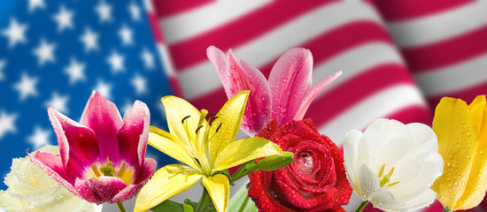 image festive flowers on American flag background
