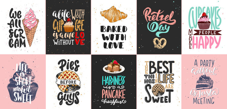 Set of bakery and sweet food lettering posters, greeting cards, decoration, prints. Hand drawn typography design elements. Handwritten lettering. Modern ink brush calligraphy.