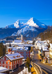 Historic town of Berchtesgaden with famous Watzmann mountain in the background, National park...