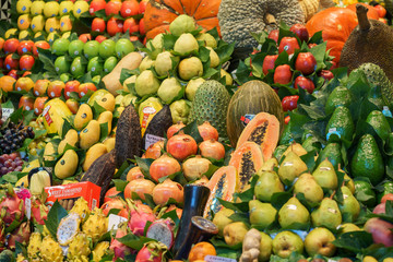 Fresh exotic fruit stall on the market The Mercat or Mercado de Sant Josep de la Boqueria in Barcelona, Catalonia, Spain