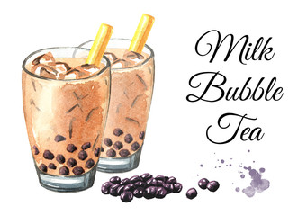Taiwan Milk Bubble Tea with Tapioca Pearls. Food concept. Watercolor hand drawn illustration, isolated on white background