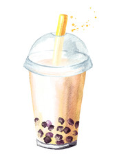 Taiwan Milk Bubble Tea. Food concept. Watercolor hand drawn illustration isolated on white background