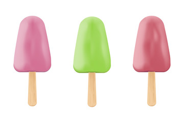Three realistic ice-creams with strawberry, kiwi and cherry tastes on wooden stick