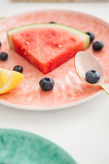Close-Up of Watermelon, Blueberries, and Lemon Slices