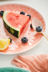 Close-Up of Watermelon Slice with Blueberries