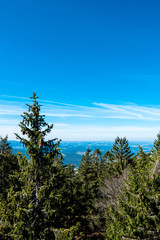 View from the top of a mountain into the valley with clouds in the blue sky and beautiful green trees and lots of rocks