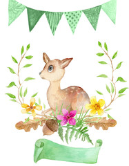 Floral green set with watercolor deer