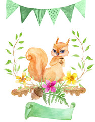 Floral gree set with watercolor squirrel