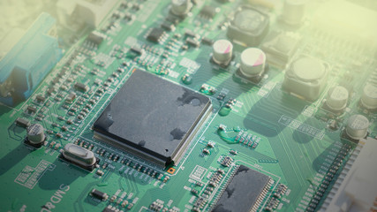 closeup of electronic circuit board with water