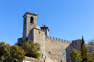 Fototapeta na wymiar Bell tower of basilica San Marino. Italy. Europe