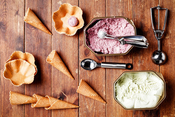 Aerial view of cold ice cream and kitchen desk 