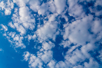 blue sky with clouds of different shapes and thickness