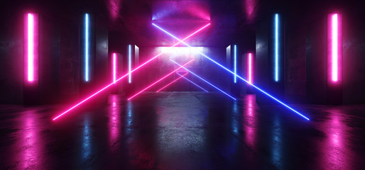 Fototapeta na wymiar Neon Lights Futuristic Sci Fi Purple Blue Triangle Shaped Glowing Vibrant Empty Space Grunge Concrete Tunnel Corridor Stage Spaceship Garage Underground 3D Rendering