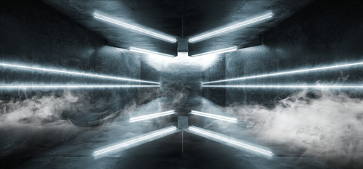 Smoke Sci Fi Futuristic Arrow Shaped Neon Lights Glowing Vibrant Blue Corridor Grunge Concrete Dark Reflective Virtual Podium Garage Stage Udnerground Spaceship 3D Rendering