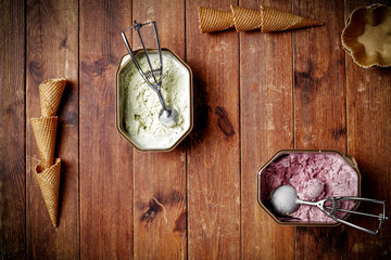 Aerial view of cold ice cream and kitchen desk 