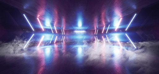 Smoke Sci Fi Futuristic Arrow Shaped Neon Lights Glowing Vibrant Blue Purple Corridor Grunge Concrete Dark Reflective Virtual Podium Garage Stage Udnerground Spaceship 3D Rendering