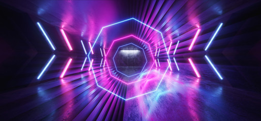 Futuristic Arrow Shaped Neon Lights Glowing Vibrant Blue Purple Corridor Grunge Concrete Dark Reflective Virtual Podium Garage Stage Udnerground Spaceship 3D Rendering