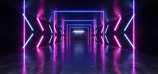 Futuristic Arrow Shaped Neon Lights Glowing Vibrant Blue Purple Corridor Grunge Concrete Dark Reflective Virtual Podium Garage Stage Udnerground Spaceship 3D Rendering