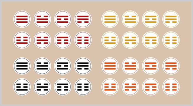 East Asia three lines magic symbols in white rounds with inner frames