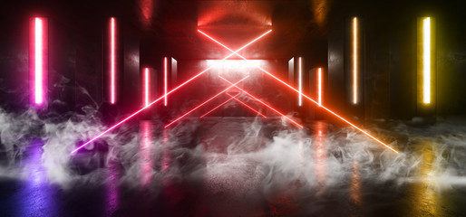 Smoke Neon Lights Futuristic Sci Fi Purple Blue Arrow Shaped Glowing Vibrant Empty Space Grunge Concrete Tunnel Corridor Stage Spaceship Garage Underground 3D Rendering