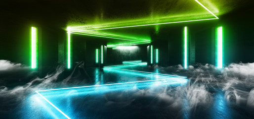 Smoke Neon Lights Futuristic Sci Fi Green Blue Arrow Shaped Glowing Vibrant Empty Space Grunge Concrete Tunnel Corridor Stage Spaceship Garage Underground 3D Rendering