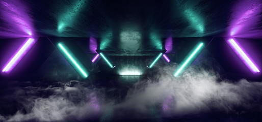 Smoke Stage Club Neon Lights Futuristic Sci Fi Purple Blue Column Shaped Glowing Vibrant Empty Space Grunge Concrete Tunnel Corridor Stage Spaceship Garage Underground 3D Rendering