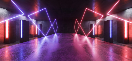 Neon Lights Futuristic Sci Fi Purple Blue Triangle Shaped Glowing Vibrant Empty Space Grunge Concrete Tunnel Corridor Stage Spaceship Garage Underground 3D Rendering