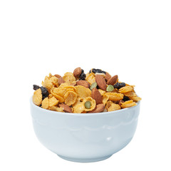 Cornflakes and cereal breakfast, Almond, raisin sultana, mixing to healthy food.