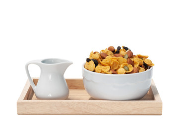 Cornflakes and cereal breakfast, Almond, raisin sultana, mixing to healthy food.