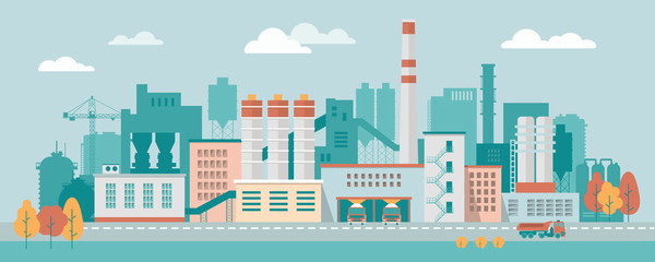 Obraz premium Stock vector illustration of an industrial zone with chemical factories, plants, ironworks, warehouses, enterprises in the flat style 
