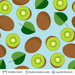 Seamless pattern of kiwi fruits and green leaves.
